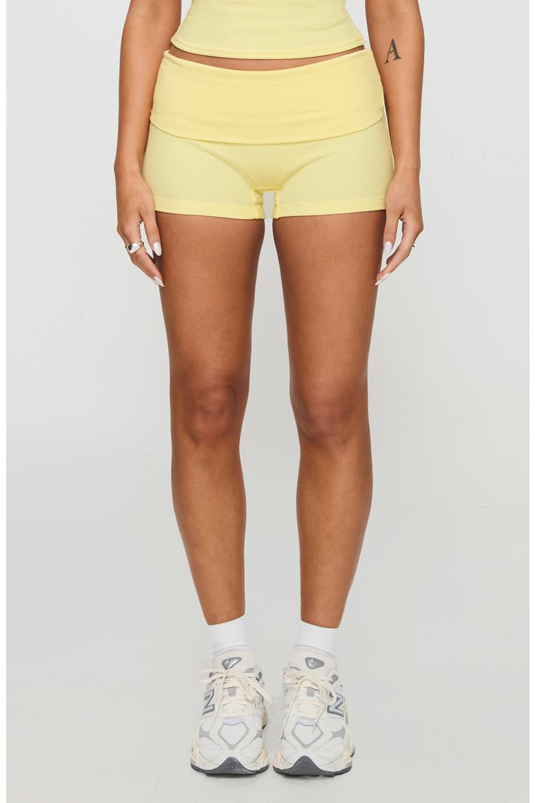 Baseline Foldover Rib Stretch Cotton Shorts, Main, color, YELLOW