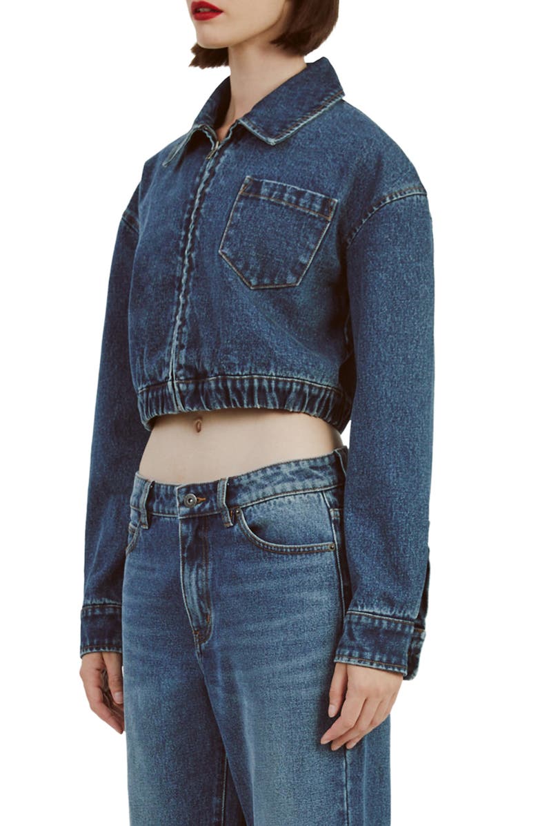 Bardot Crop Denim Bomber Jacket, Alternate, color, Washed Indigo