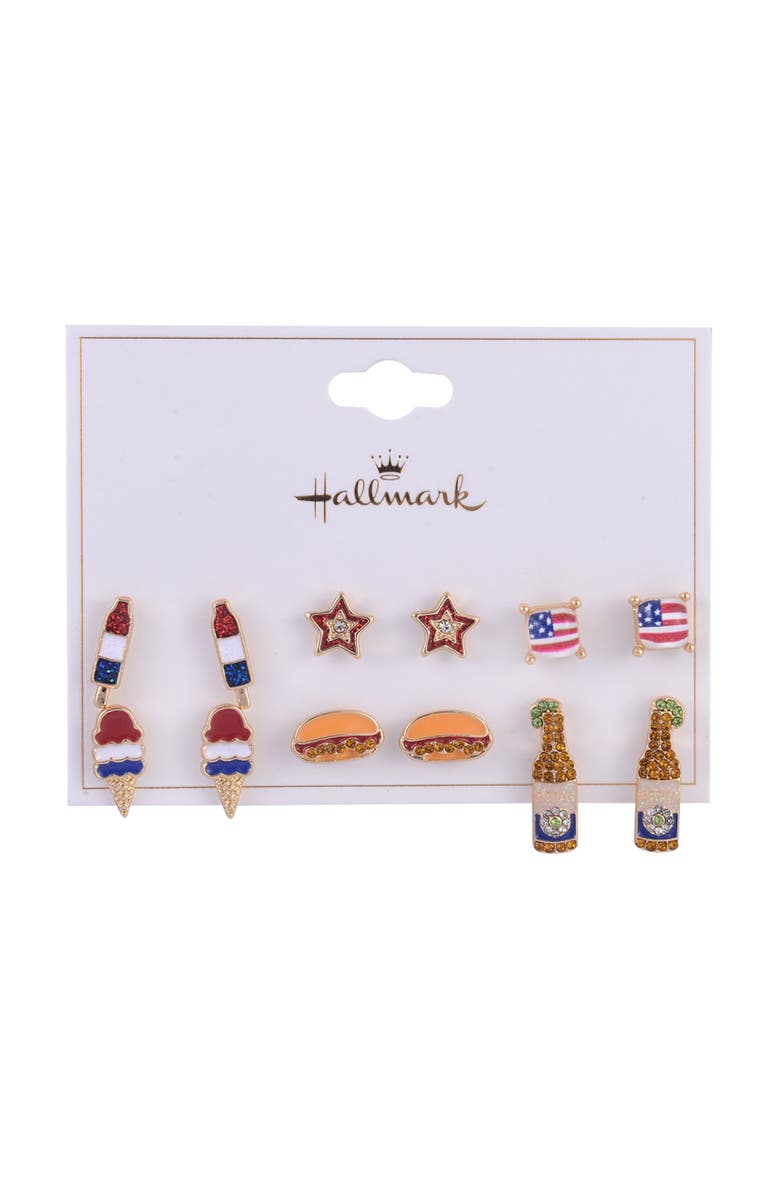 Hallmark 6 pack 4th of July BBQ Theme Stud Earring Set, Alternate, color, Red