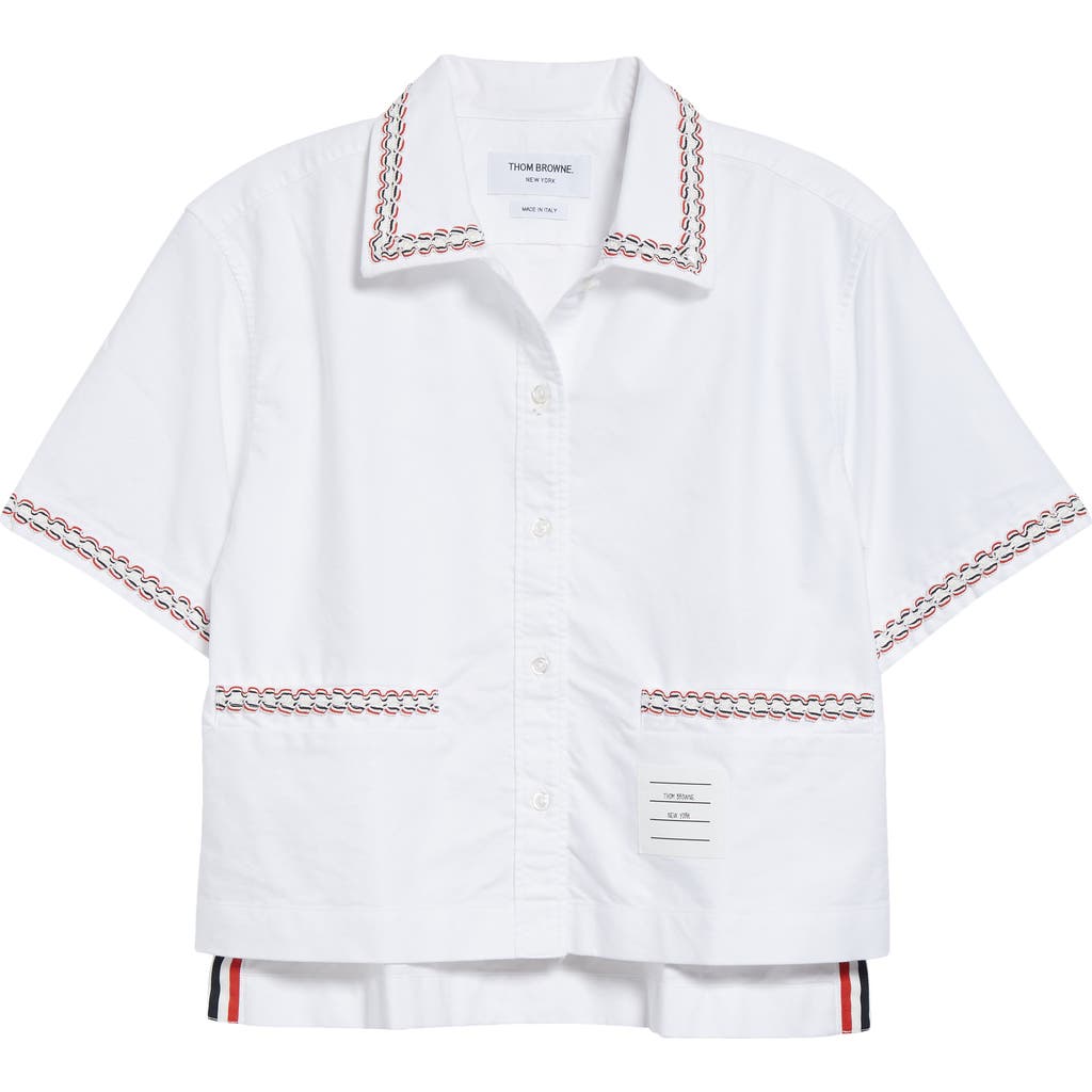 Thom Browne Drop Back Crop Short Sleeve Cotton Button-up Shirt In White