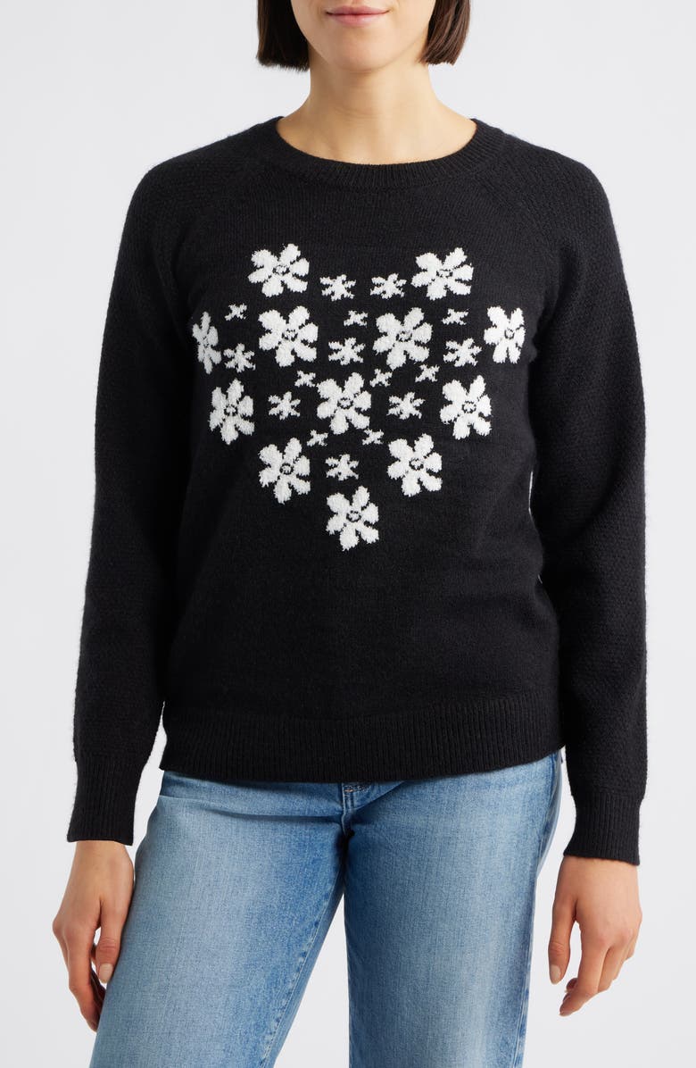 Bobeau Floral Heart Graphic Crewneck Sweater, Main, color, Black/ Ivory