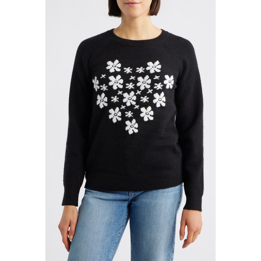 Bobeau Floral Heart Graphic Crewneck Sweater In Black