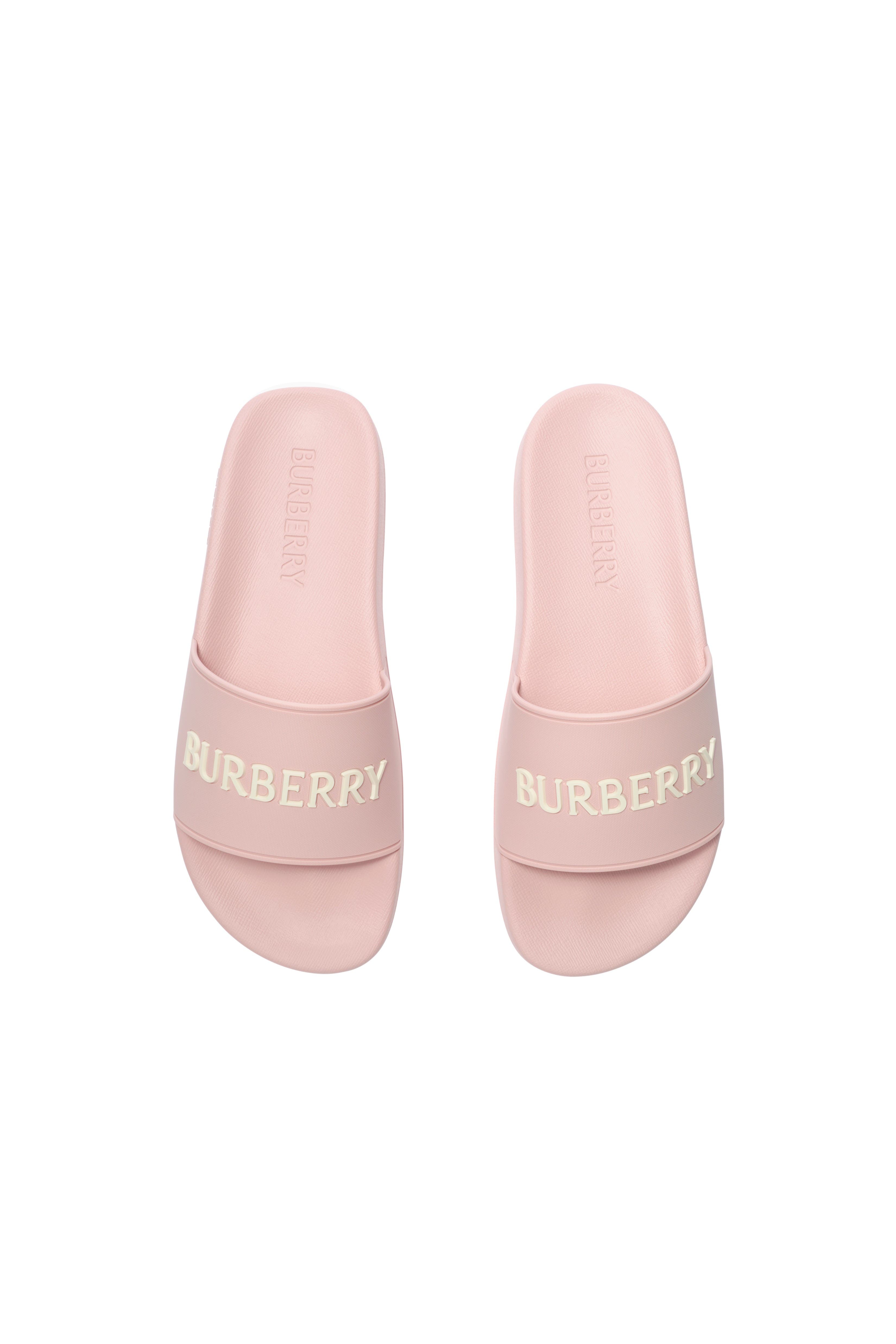 Burberry Logo Slides, Alternate, color, Candy Pink/Dove Beige