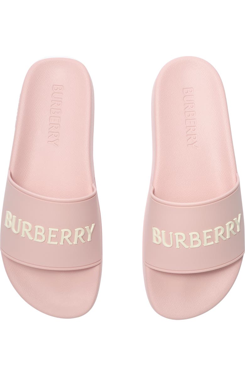 Burberry Logo Slides, Alternate, color, Candy Pink/Dove Beige