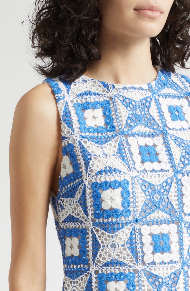 Alice + Olivia Clyde Embroidered Patchwork Sleeveless Shift Dress, Alternate, color, Blue Iris/ Off White