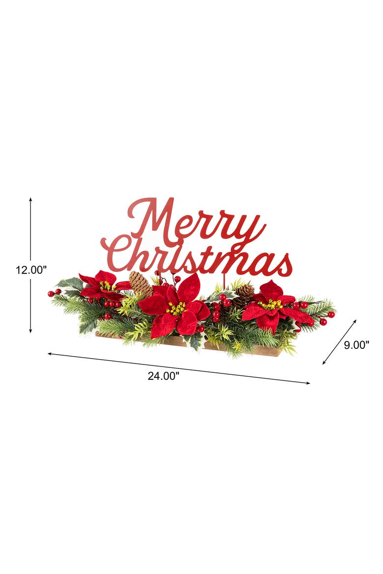 24"L Metal Merry Christmas Poinsettia Table Centerpiece, Alternate, color, Red