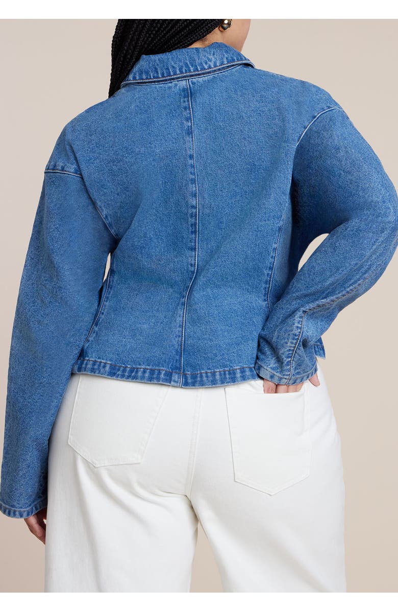 ELOQUII Lace Up Denim Jacket, Alternate, color, Medium Wash