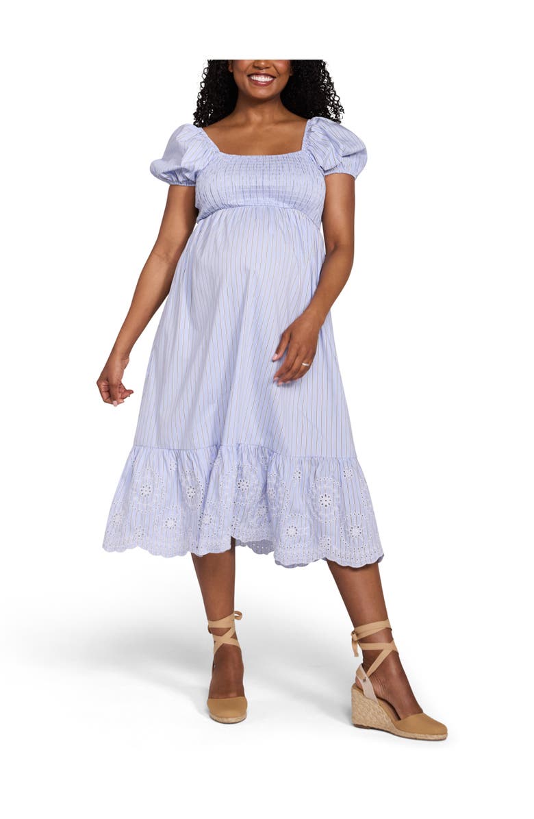 MOTHERHOOD MATERNITY Smocked Bodice with Puff Sleeves Midi Dress, Main, color, Blue & White Stripe