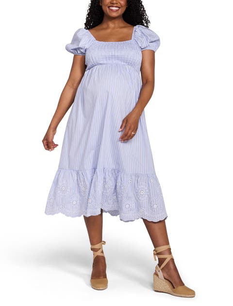Smocked Bodice with Puff Sleeves Midi Dress
