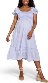 MOTHERHOOD MATERNITY Smocked Bodice with Puff Sleeves Midi Dress