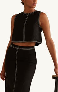 CRESCENT Embroidered Contrast Stitch  Linen Crop Top