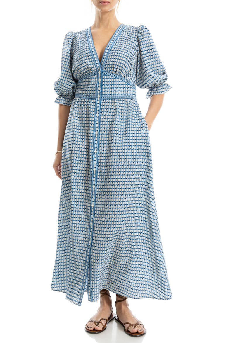 V-Neck Puff Sleeve Maxi Dress, Main, color, BLUE/ BLACK