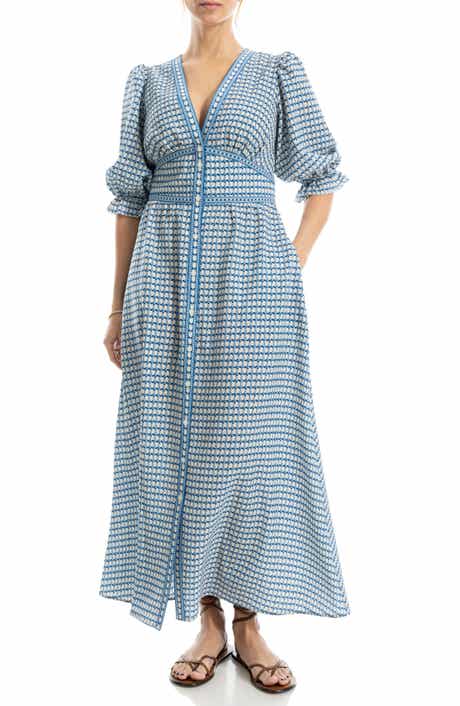 MAX STUDIO V-Neck Puff Sleeve Maxi Dress