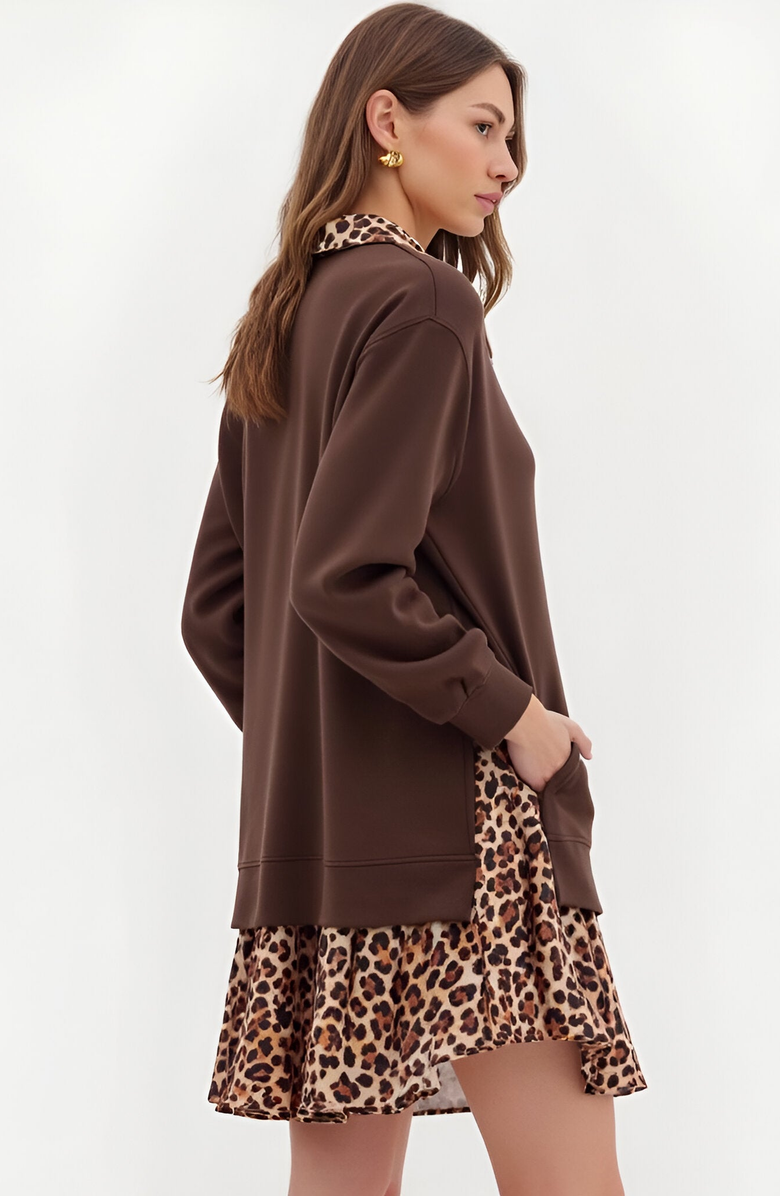 Modenaire Layered Mini Dress with Leopard Print Skirt and Contrast Collar, Alternate, color, 