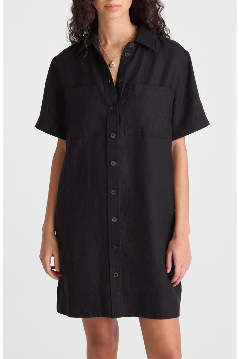 Relaxed Linen Mini Shirtdress, Alternate, color, JET BLACK