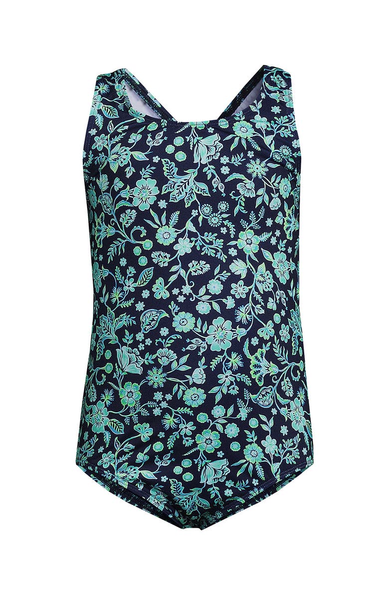 Lands' End Girls One Piece Swimsuit, Alternate, color, Navy/Lime Jade Ornate Floral