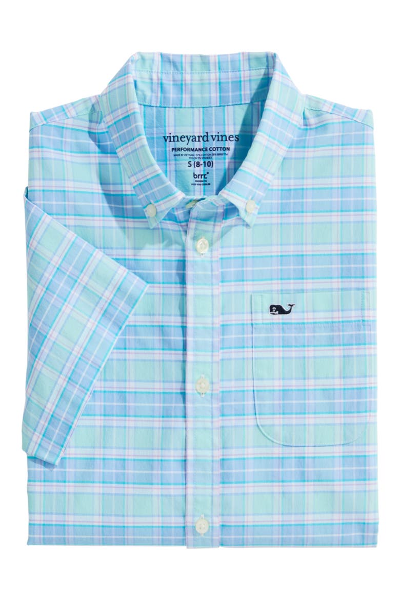 Kids' Plaid Short Sleeve Button-Down Shirt, Alternate, color, SEA SPLASH