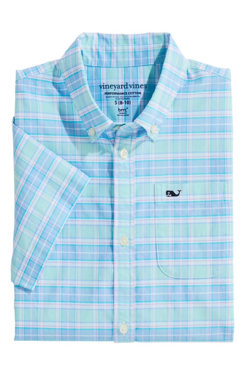 vineyard vines Kids' Plaid Short Sleeve Button-Down Shirt, Alternate, color, Sea Splash