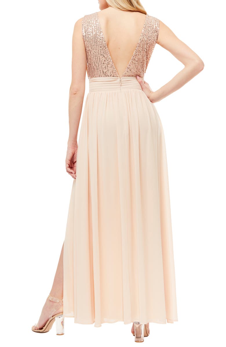 Love By Design Daphne Sequin Top V-Plunge Maxi Dress, Alternate, color, Champagne