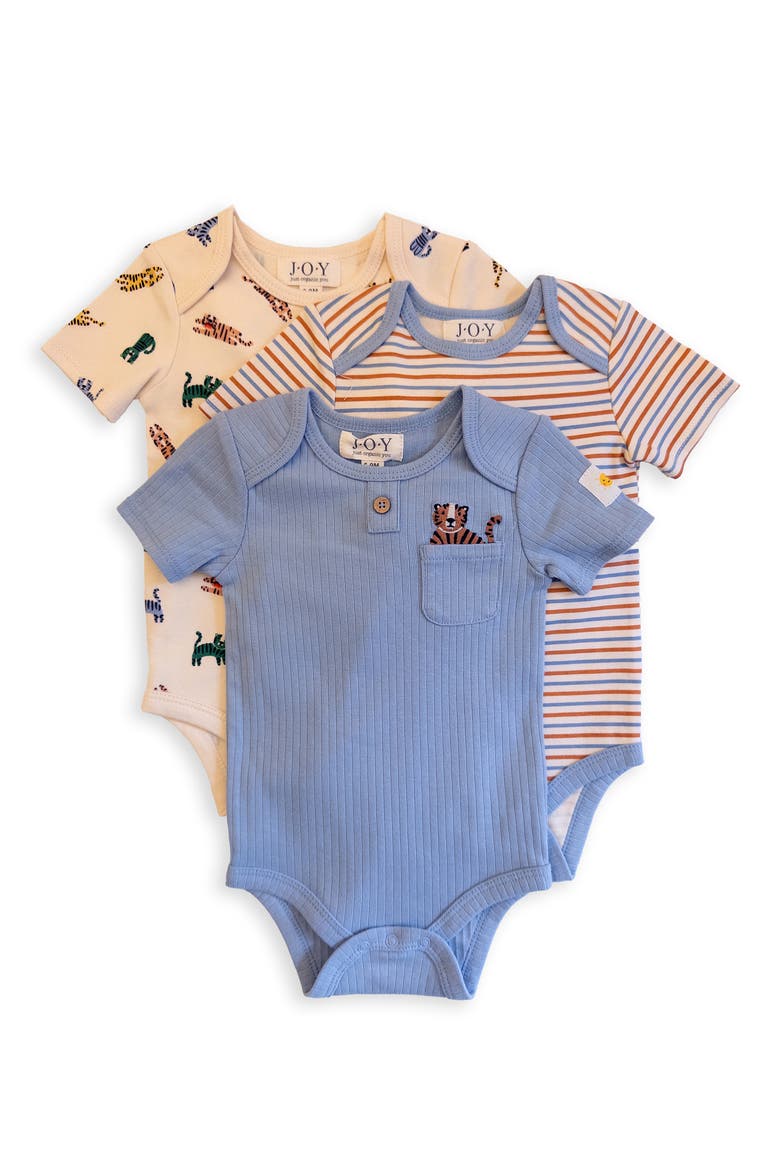 Assorted 3-Pack Organic Cotton Bodysuits, Main, color, BLUE