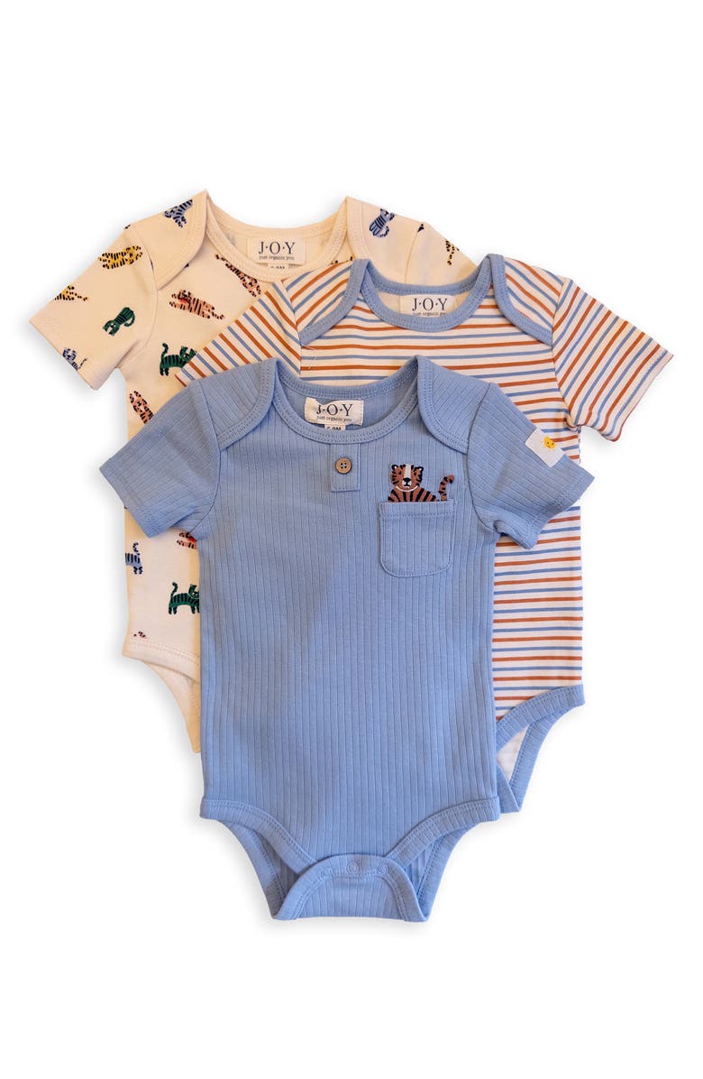 JOY JUST ORGANIC YOU Assorted 3-Pack Organic Cotton Bodysuits, Main, color, Blue
