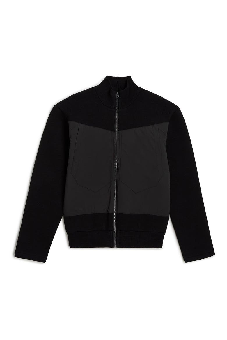 Mixed Media Organic Cotton Zip-Up Bomber Jacket, Alternate, color, DARK BLACK