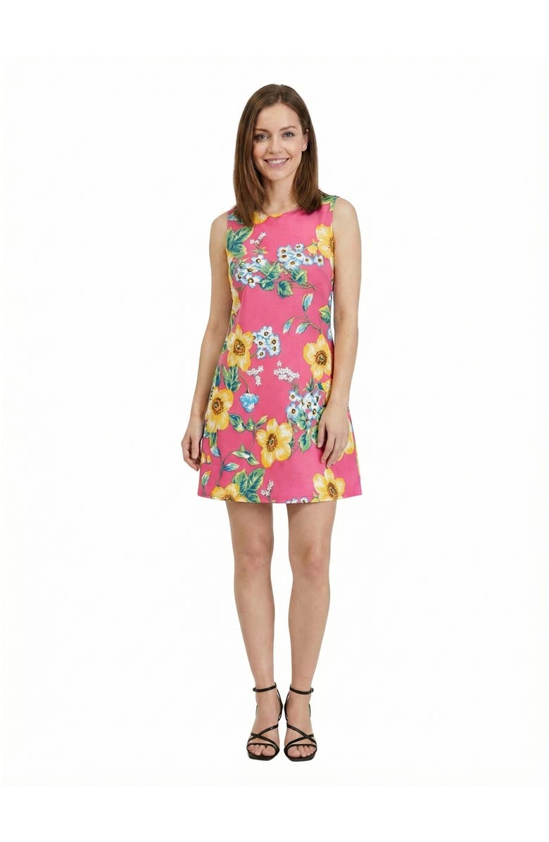 24seven Comfort Apparel Essential Petite Floral Round Neck Sleeveless Mini Shift Dress, Main, color, Pink Multi
