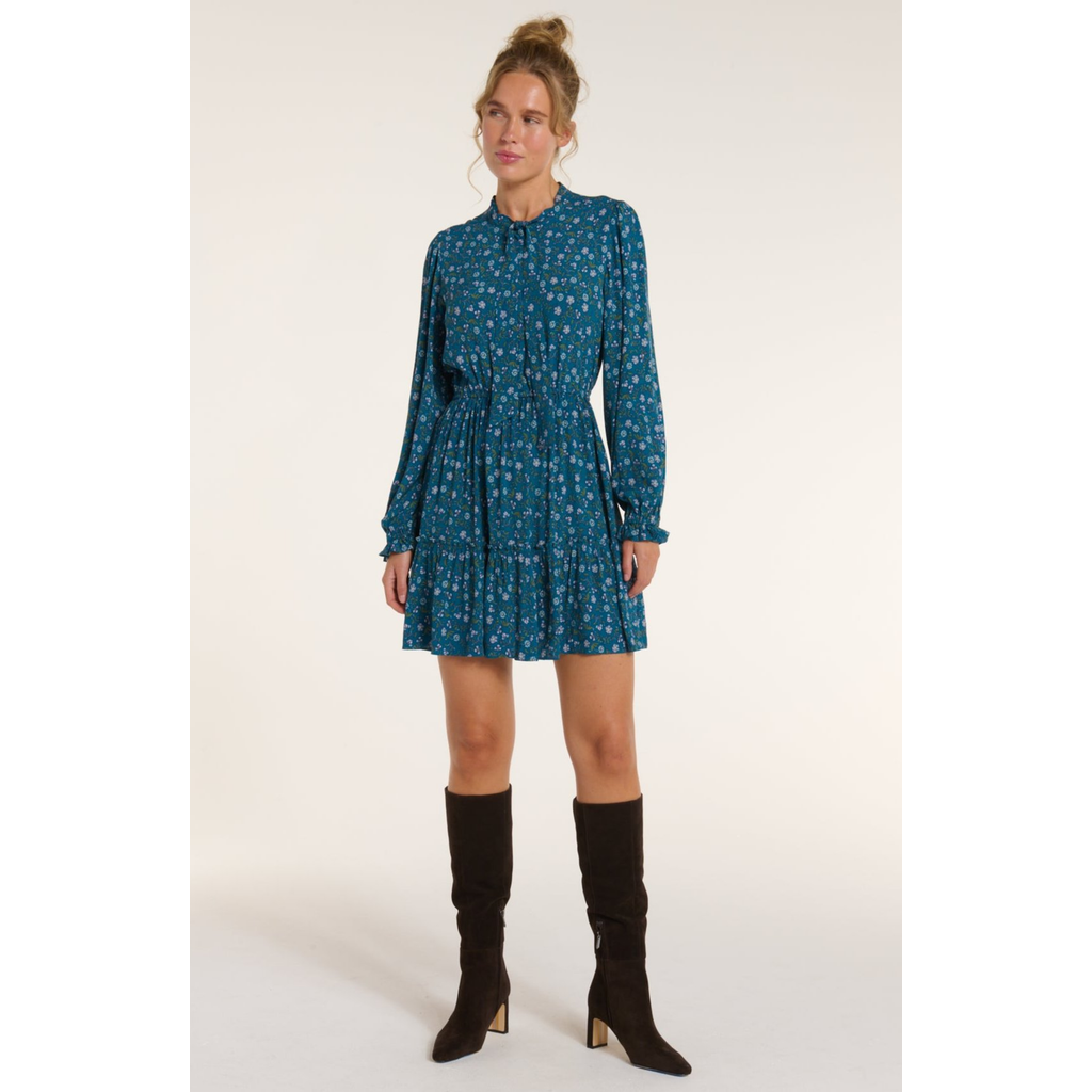 Hermoza Lee Collar Neck Mini Dress in Teal Meadow  product