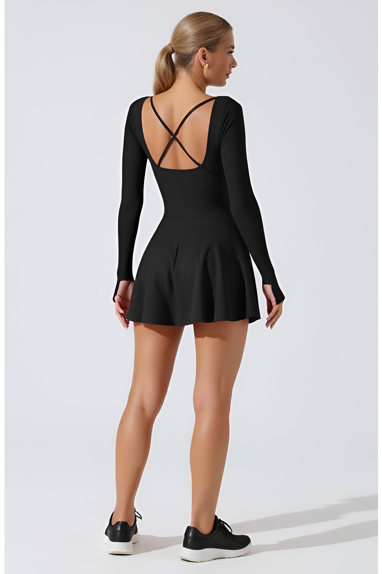 Long-Sleeve Thumbhole Open Crisscross-Back Active Romper Dress, Alternate, color, Black