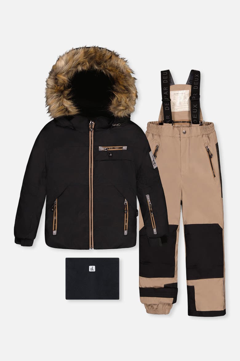 Play Faux Fur Hood Jacket & Reinforced Pants Two Piece Snowsuit, Main, color, Black and Beige