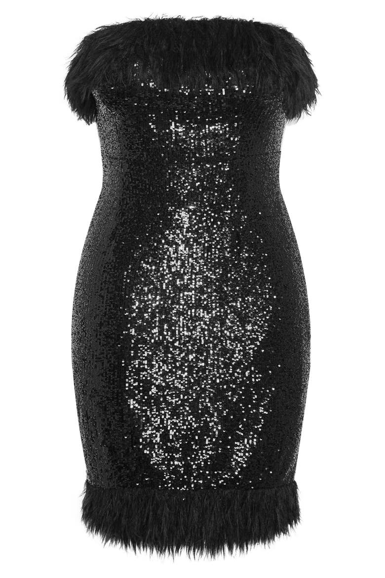 Feather Trim Sequin Strapless Dress, Alternate, color, BLACK