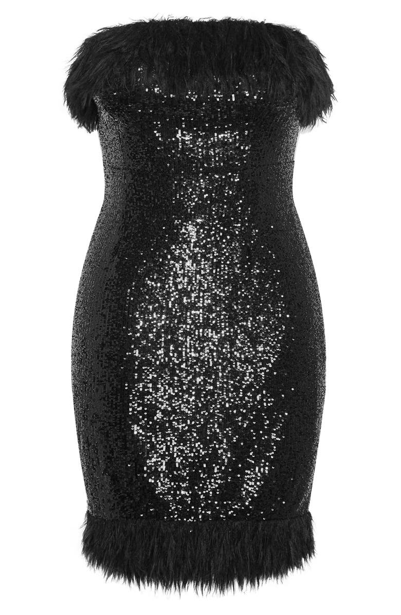 City Chic Feather Trim Sequin Strapless Dress, Alternate, color, Black