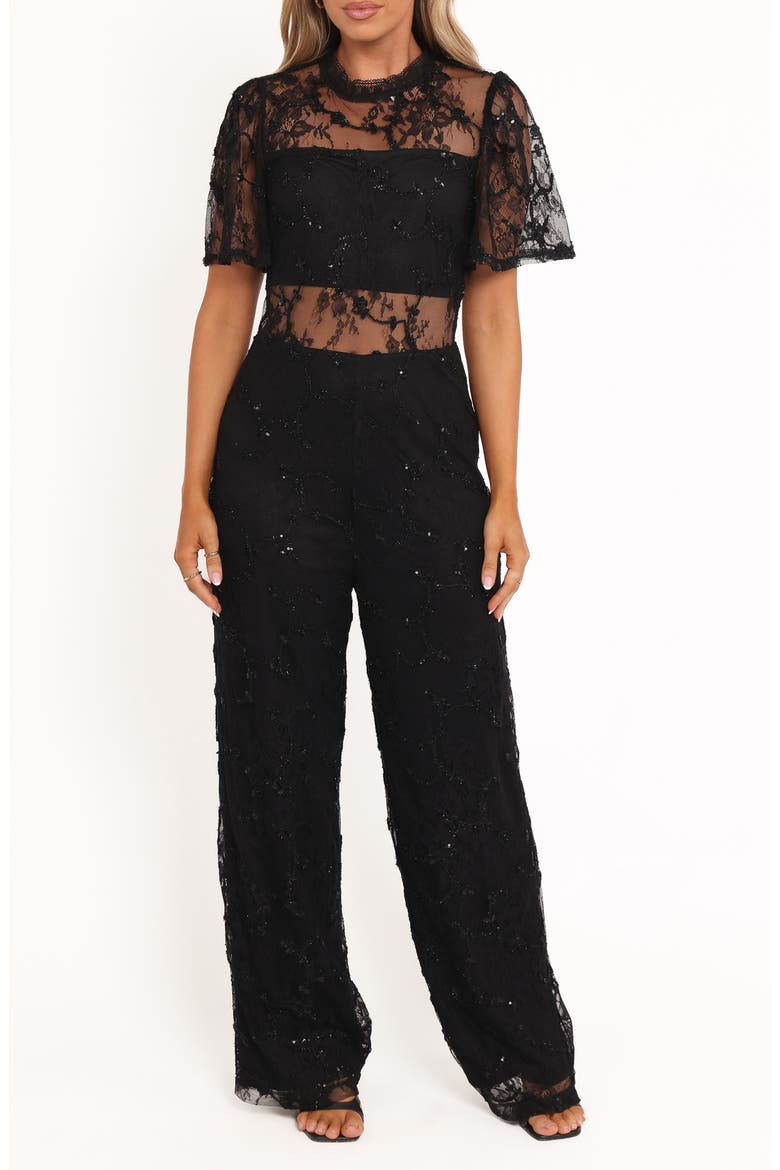 Zina Sequin & Lace Jumpsuit, Main, color, BLACK