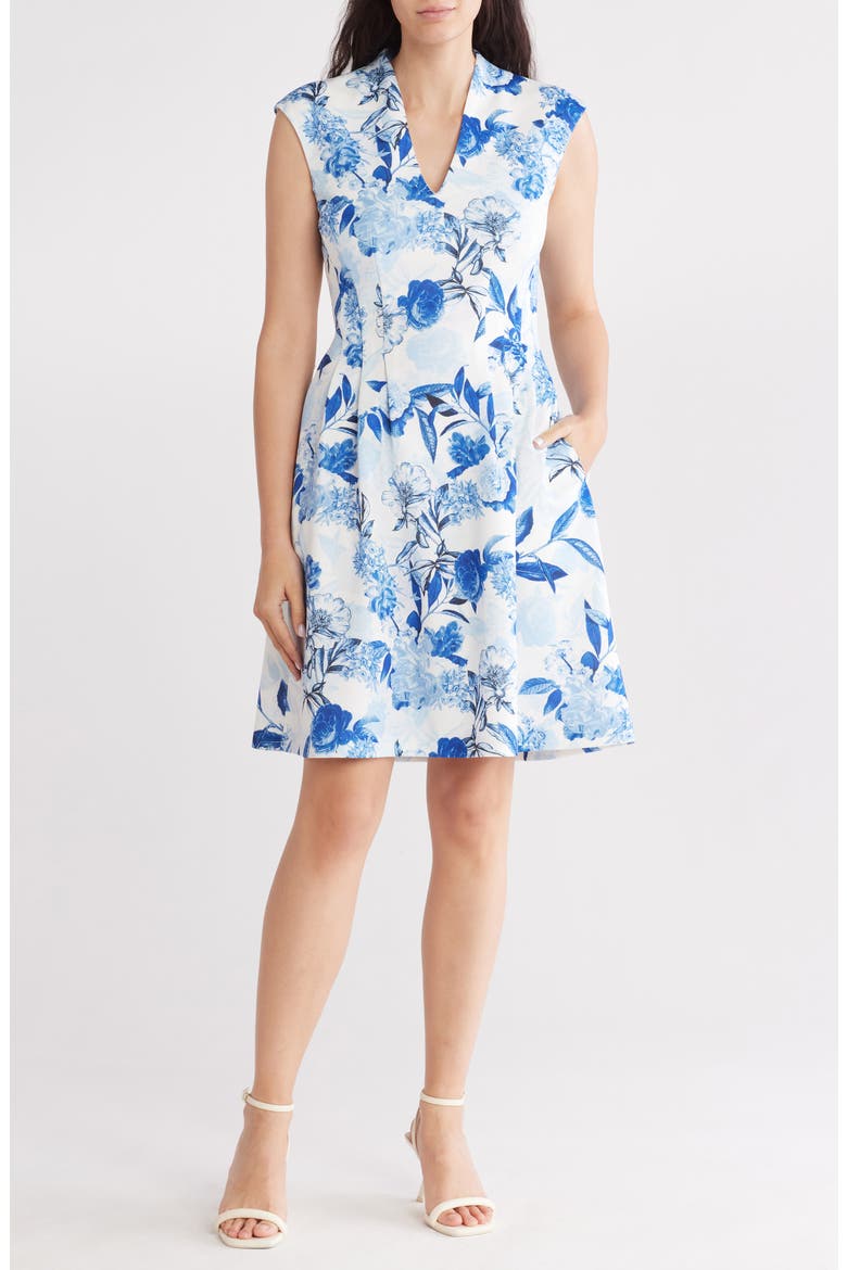 Floral Scuba Knit Fit & Flare Dress, Main, color, WHITE/BLUE FLORAL