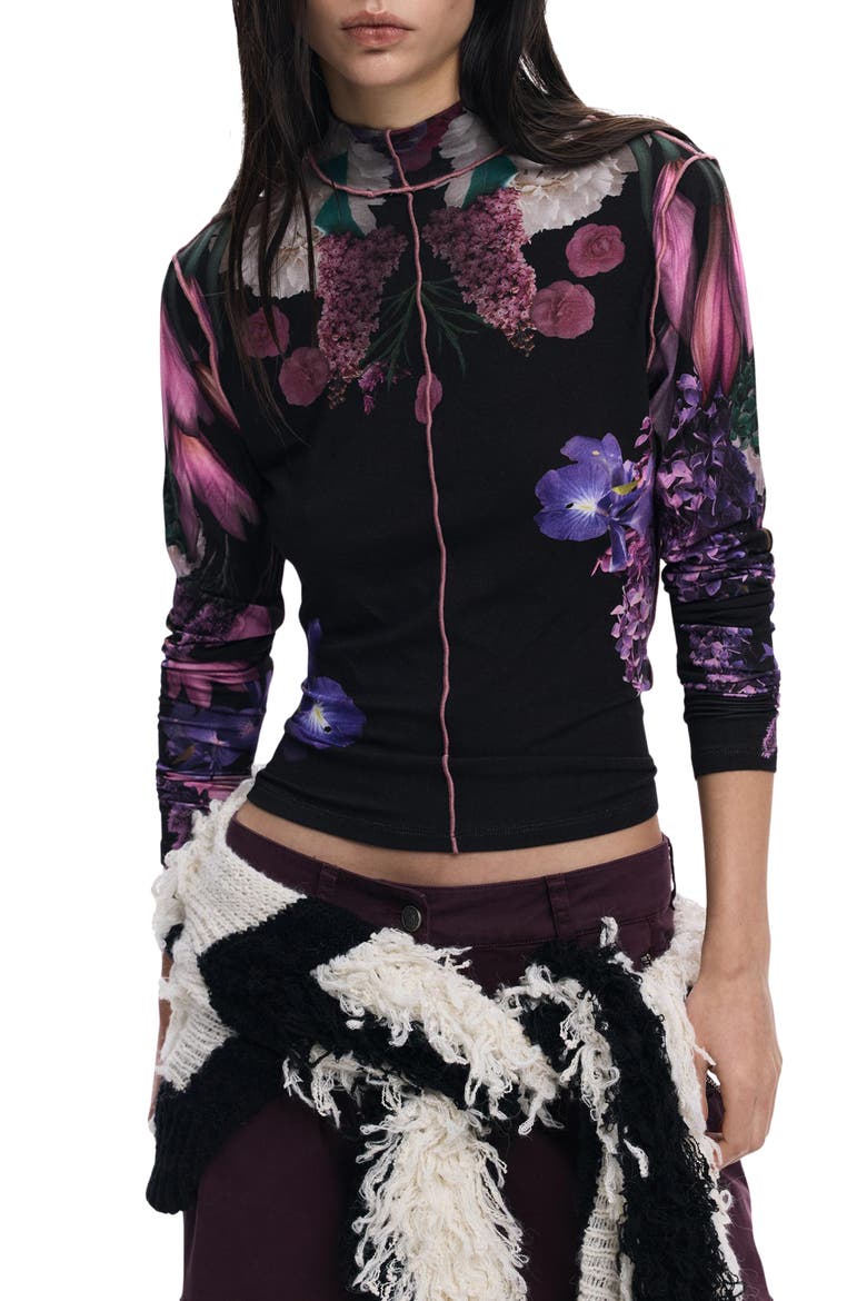 Long Sleeve Floral Top, Main, color, BLACK
