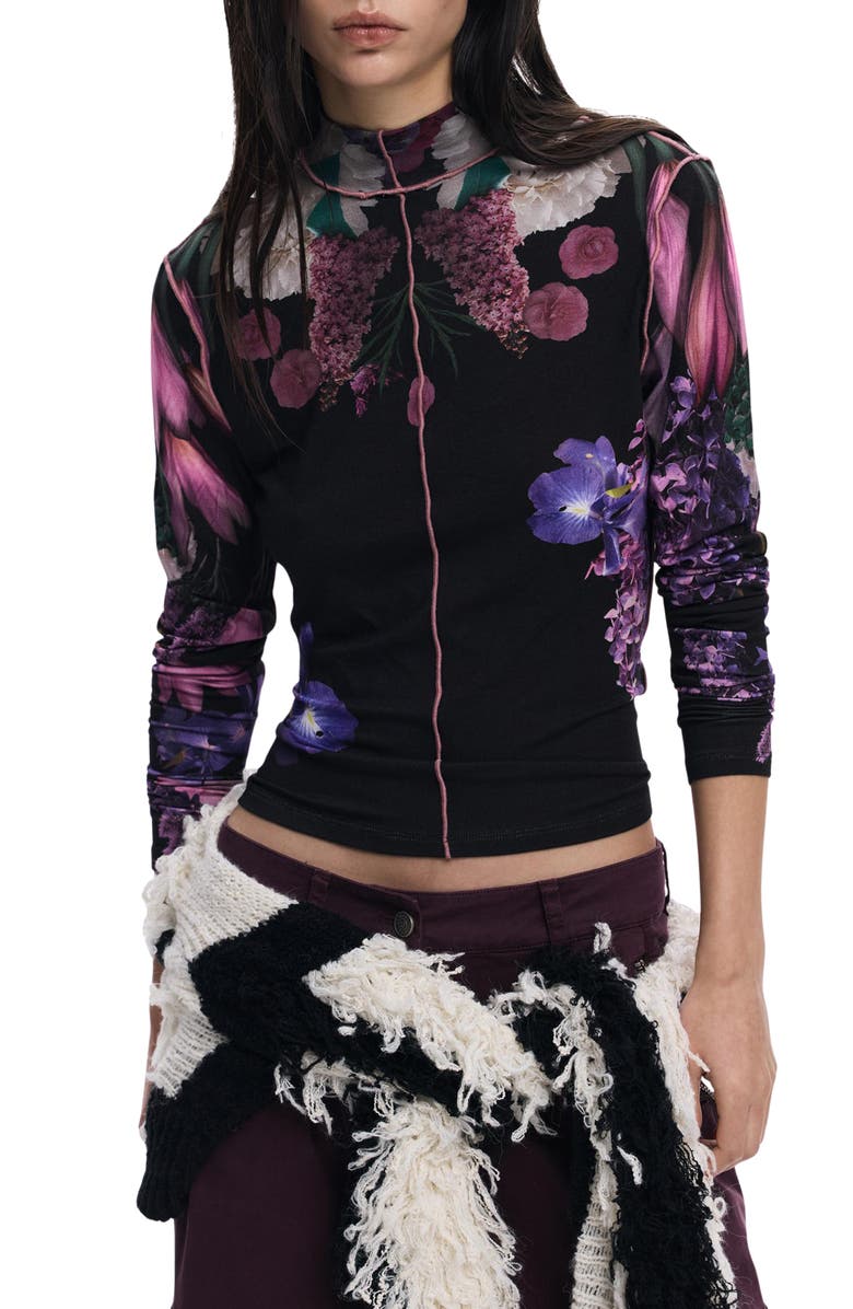 Desigual Long Sleeve Floral Top, Main, color, Black