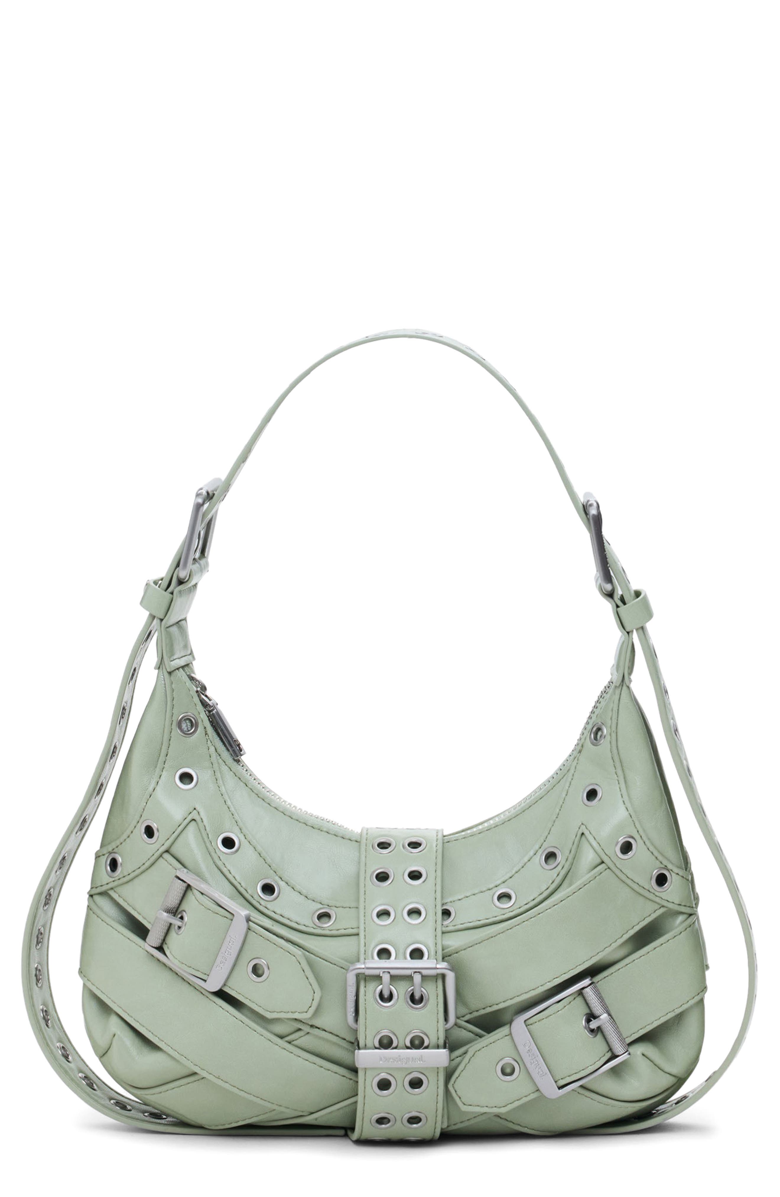 Desigual Grommet Trim Faux Leather Shoulder Bag, Main, color, Green