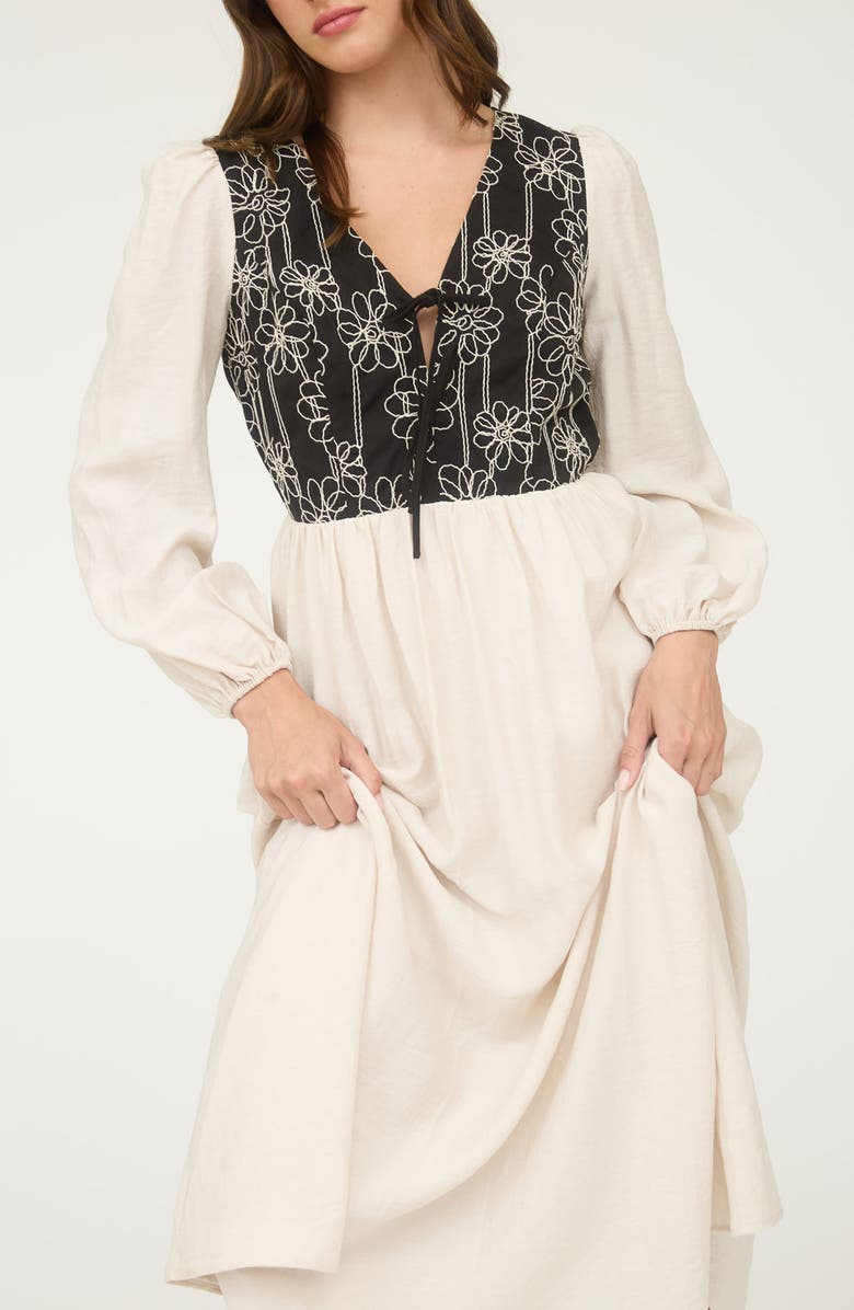 Blu Pepper Floral Embroidered Long Sleeve Midi Dress, Alternate, color, Black