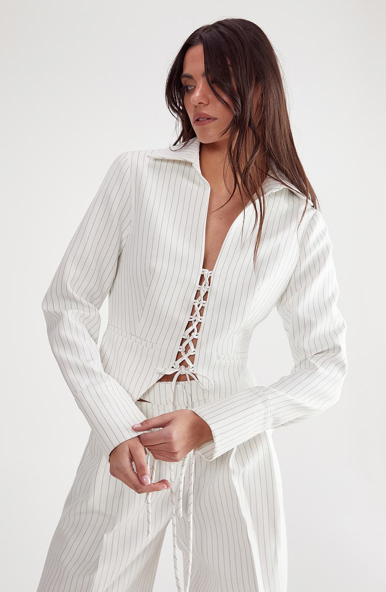 NASTY GAL Pinstripe Lace-Up Jacket, Alternate, color, Ivory