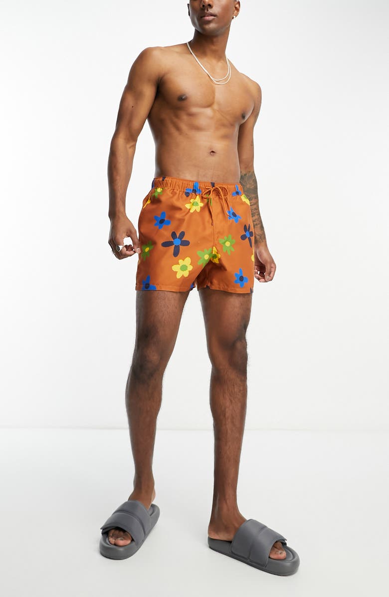 ASOS DESIGN Floral Short Swim Trunks, Main, color,