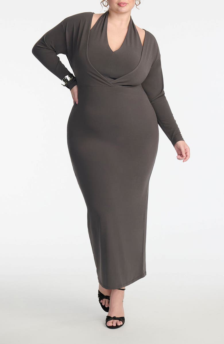 ELOQUII Halter Long Sleeve Maxi Dress, Main, color, 