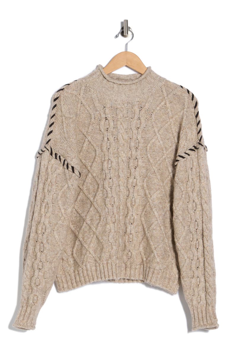 Mock Neck Cable Knit Sweater, Alternate, color, OATMEAL / BLACK