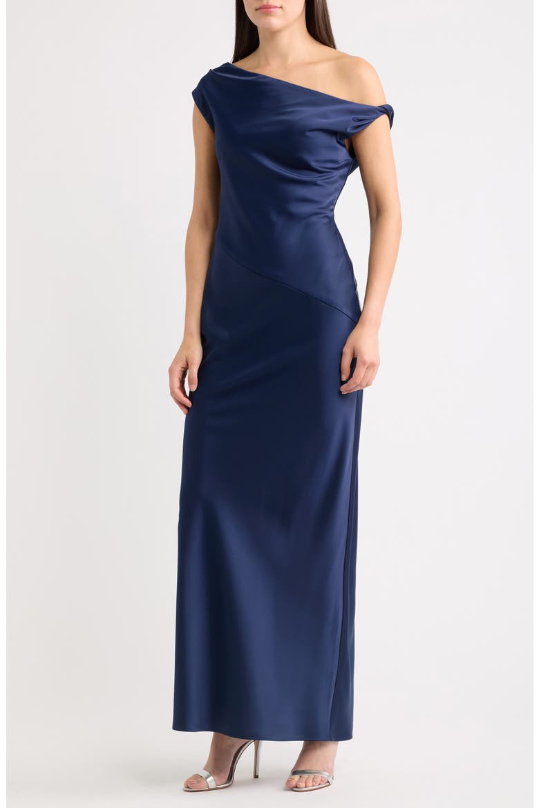 Colleen One-Shoulder Drape Satin Gown, Main, color, NAVY