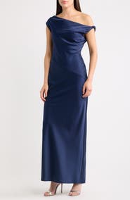WAYF Colleen One-Shoulder Drape Satin Gown