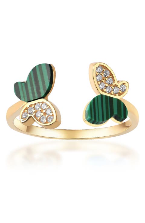 14K Yellow Gold Plated Sterling Silver Pave CZ Malachite Butterfly Open Band Ring