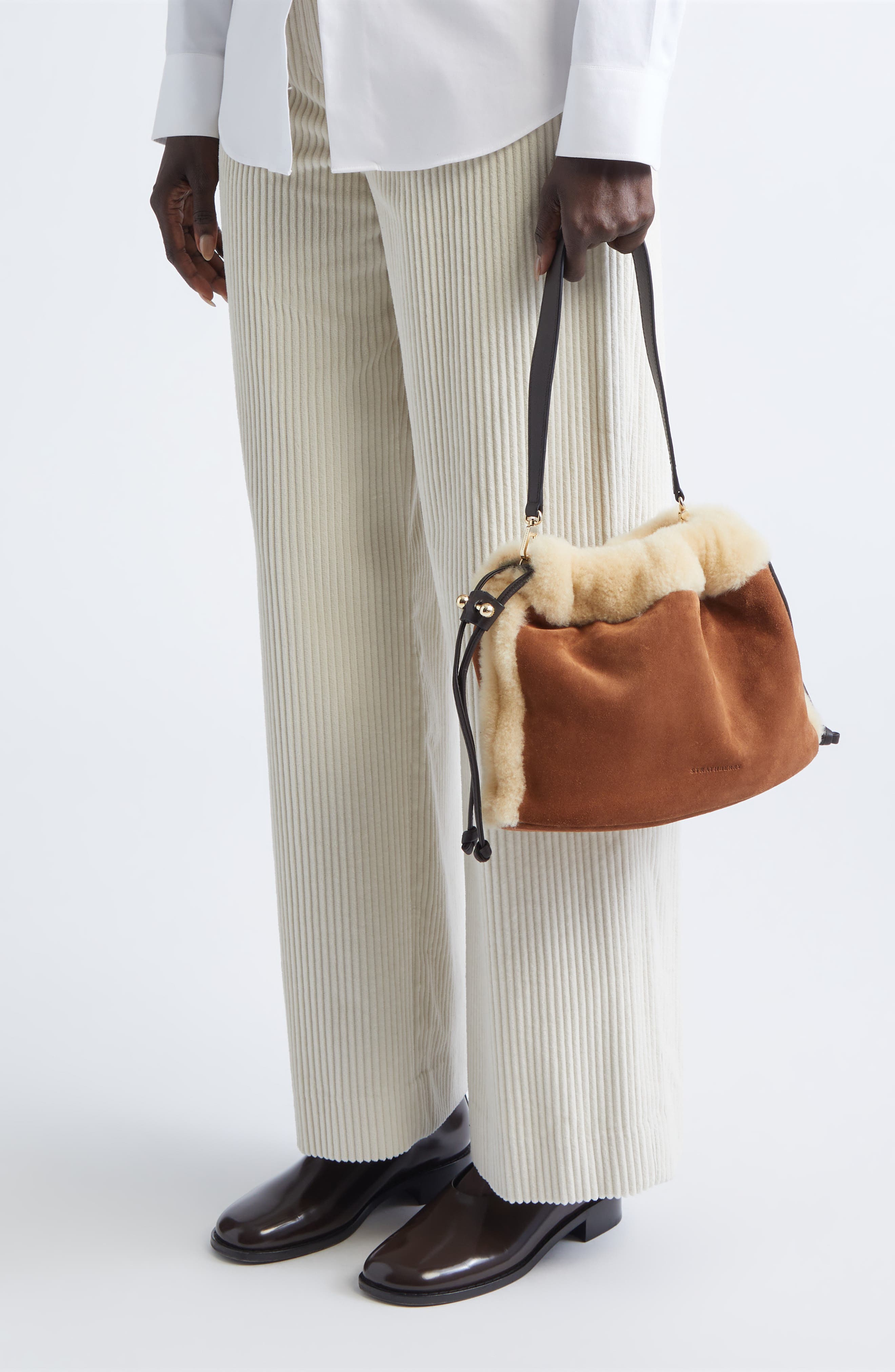 Strathberry Midi Suede & Genuine Shearling Handbag, Alternate, color, Tan