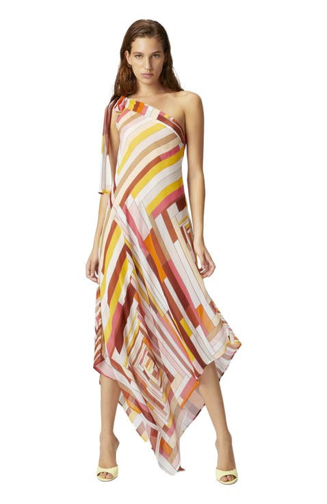 One-shoulder Cover-up Dress In Printed Silk With Scarf Bottom