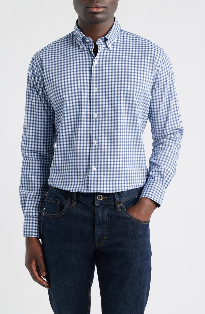 Peter Millar Felix Crown Lite Gingham Check Performance Twill Button-Down Shirt, Main, color, Navy