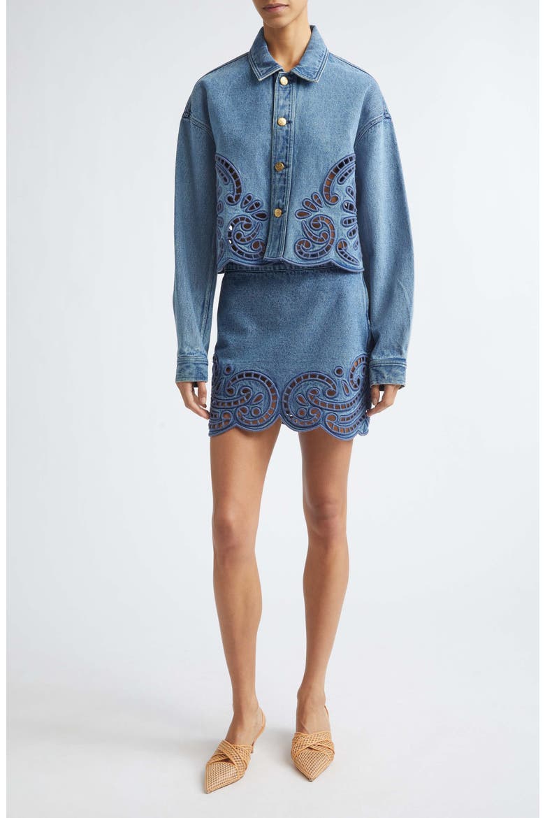 The Cadiz Eyelet Denim Miniskirt, Alternate, color, RIVER