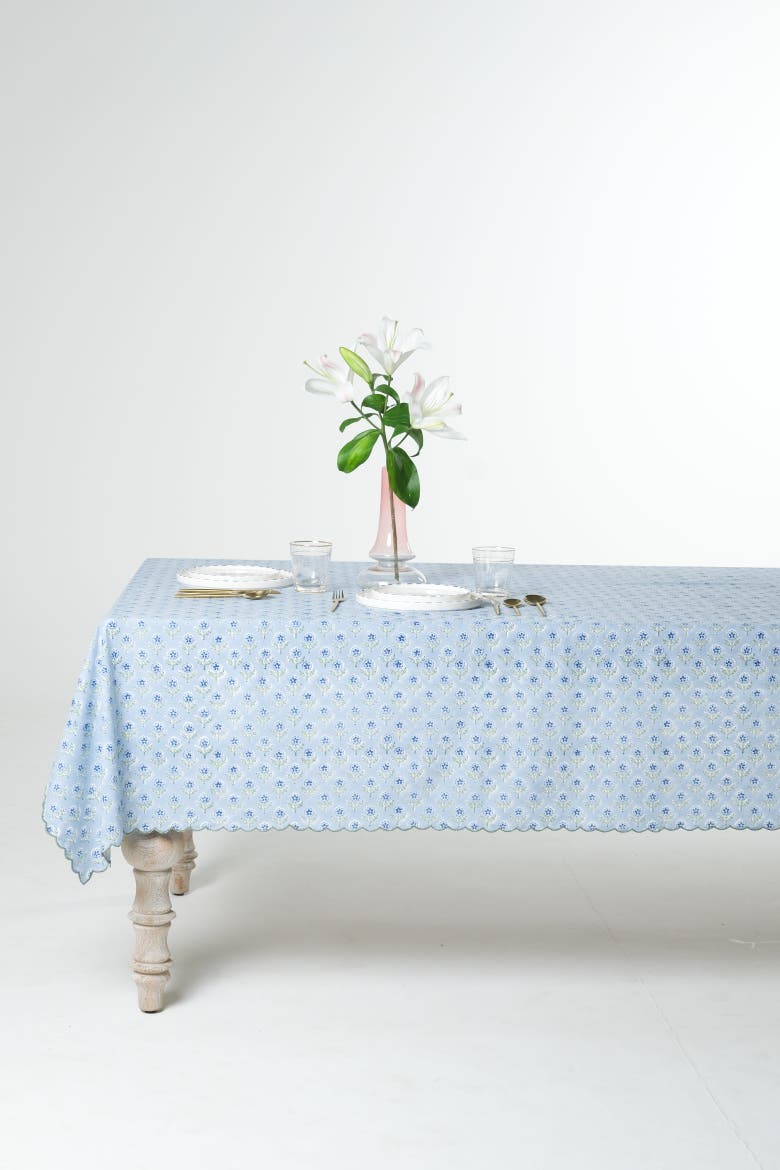 Mona Scallop Embroidered Blockprint Tablecloth, Alternate, color, 60x90